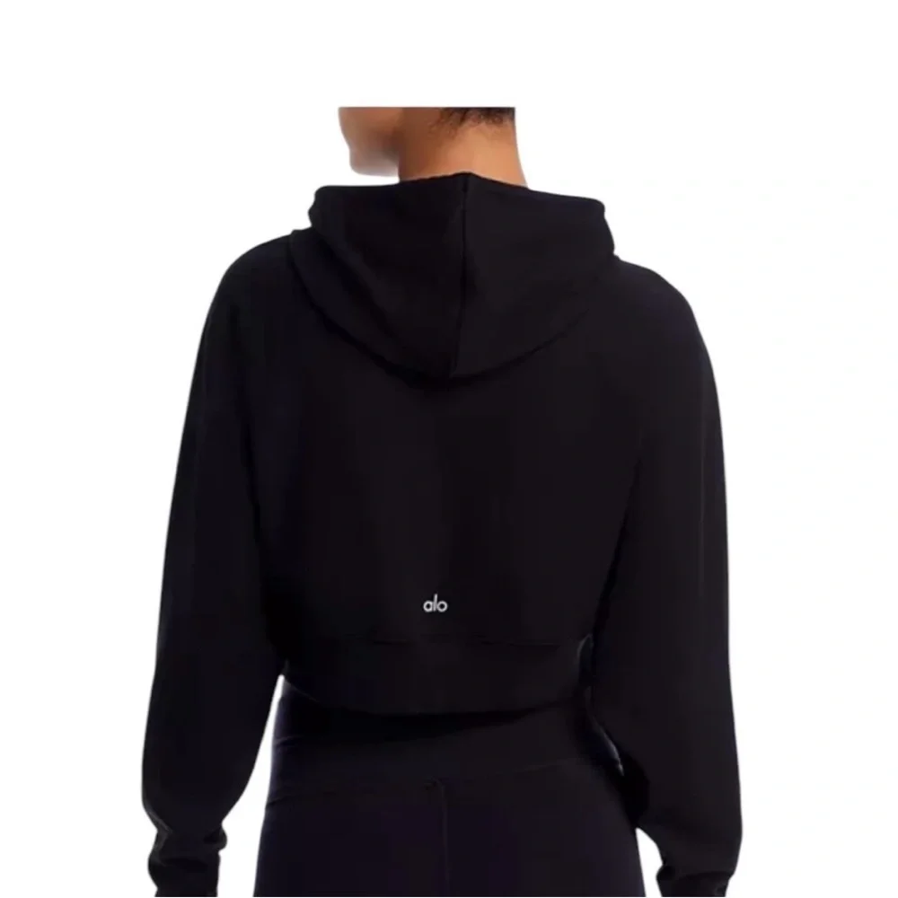 ALO Yoga Bae Women’s Black Cropped Hoodie S M Athleisure Streetwear Pullover